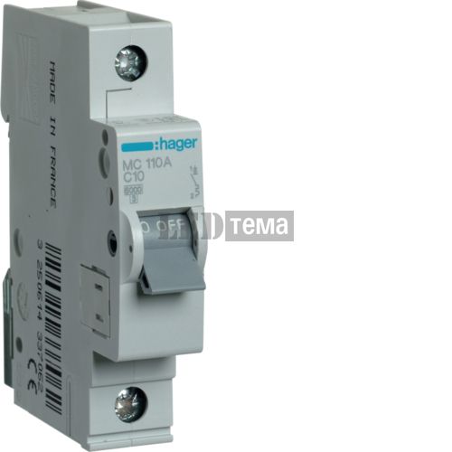 Автоматичний вимикач 1P 6kA C-10A 1M однополюсний Hager (MC110A) MC110A фото
