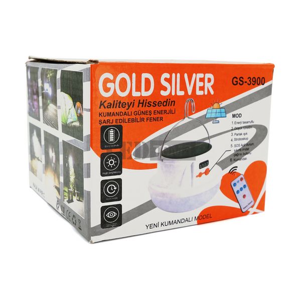 Кемпінгова лампа GOLD SILVER GS-3900+пульт, 5 режимів, корпус-пластик, ударостійкий, ip44, вбудований акум 2500mAh, СЗУ+Solar, White, BOX GS-3900 фото