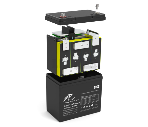 Акумуляторна батарея Ritar LiFePO4 12,8V 100Ah mini, 1280Wh BMS50@4S (229 х 138 х 210 мм), 9.9kg (R-LFP12.8V100AH-mini) R-LFP12.8V100AH-mini фото