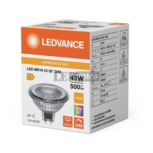LED MR16 43 36&deg; DIM S 4,9W 927 12V GU5,3 Низьковольтна світлодіодна лампа димована Ledvance (4099854456152) 4099854456152 фото
