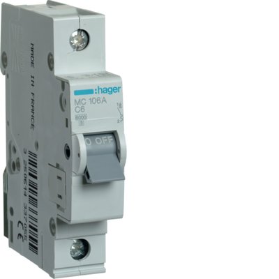 Автоматичний вимикач 1P 6kA C-6A 1M однополюсний Hager (MC106A) MC106A фото