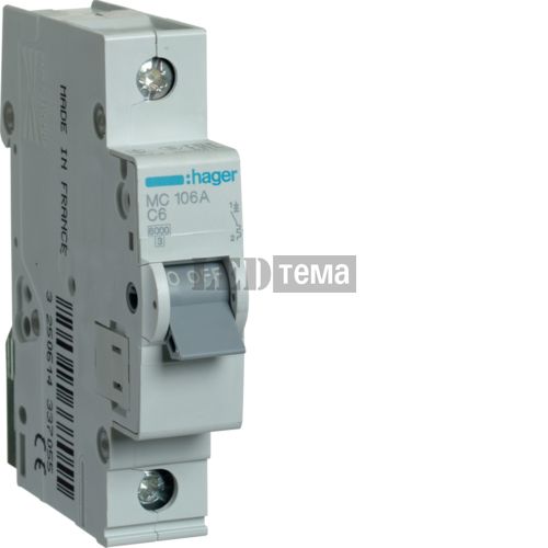 Автоматичний вимикач 1P 6kA C-6A 1M однополюсний Hager (MC106A) MC106A фото