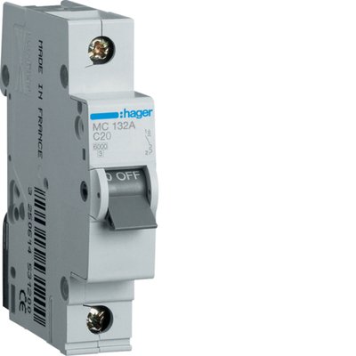 Автоматичний вимикач 1P 6kA C-32A 1M однополюсний Hager (MC132A) MC132A фото