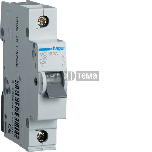 Автоматичний вимикач 1P 6kA C-32A 1M однополюсний Hager (MC132A) MC132A фото