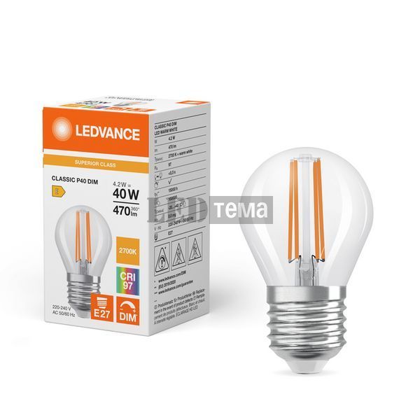 LED Classic P 40 Filament DIM CRI97 S 4.2W 927 Clear E27 лампа светодиодная диммируемая LEDVANCE (4099854077968) 4099854077968 фото