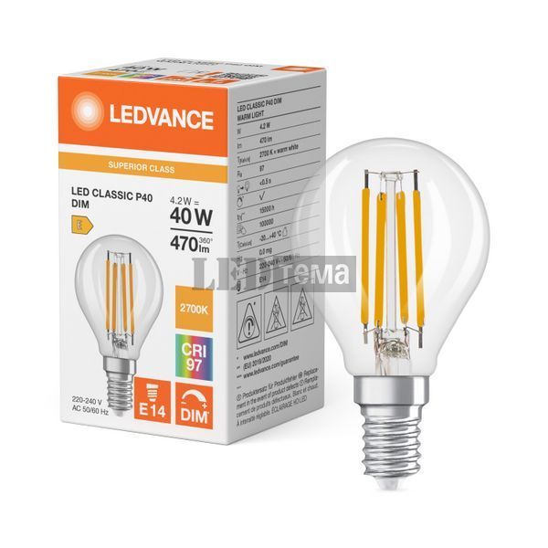 LED Classic P40 Filament DIM CRI97 S 4.2W 927 CL E14 Світлодіодна лампа димована Ledvance (4099854065750) 4099854065750 фото