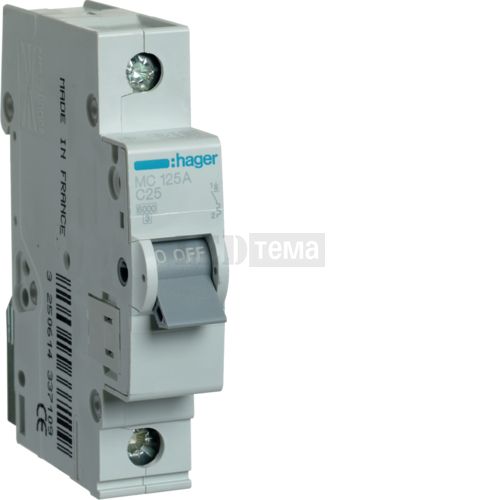 Автоматичний вимикач 1P 6kA C-25A 1M однополюсний Hager (MC125A) MC125A фото