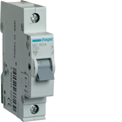 Автоматичний вимикач 1P 6kA C-50A 1M однополюсний Hager (MC150A) MC150A фото