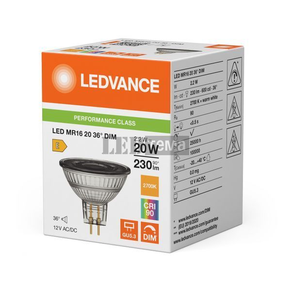 LED MR16 20 36&deg; DIM P 2.2W 927 12V GU5,3 Низковольтная светодиодная лампа диммируемая Ledvance (4099854456510) 4099854456510 фото