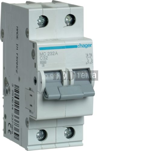 Автоматичний вимикач 2P 6kA C-32A 2M двополюсний Hager (MC232A) MC232A фото