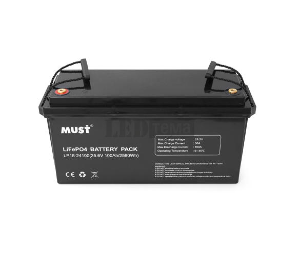 Акумуляторна батарея Must LiFePO4 LP15-24100 25.6V 100Ah, 2,56kWh, BMS50A@4S, 6000 циклів, 522x240x218, 23kg (LP15-24100) LP15-24100 фото